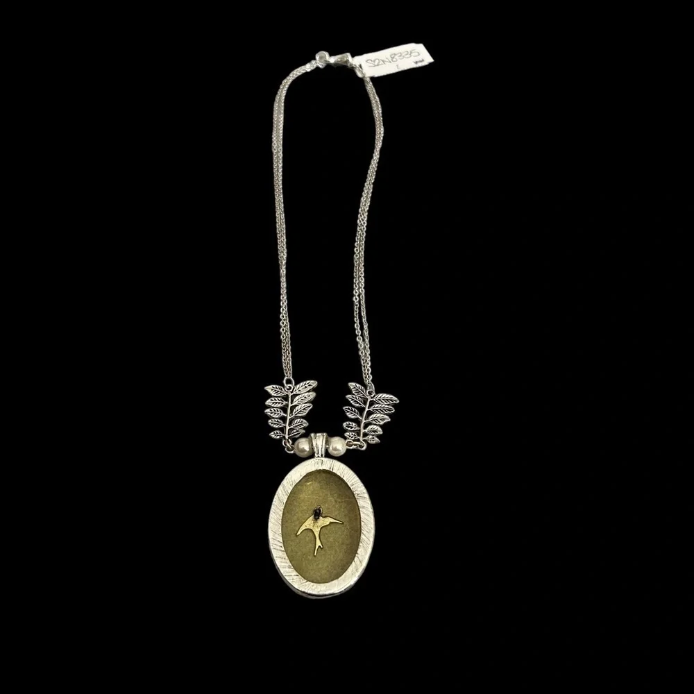 Double Slivertone Chain w/ Leaf & Faux Pearl & Gold/Yellow Pendant & Silver Bird